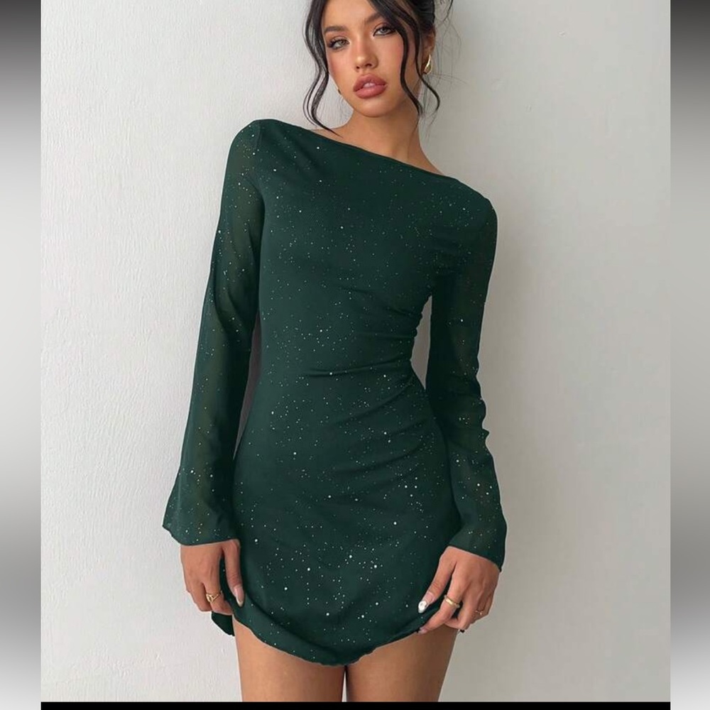 Green Long Sleeve Cowl Back Mini Dress